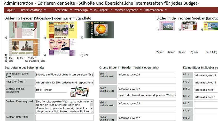 Ein Ausschnitt aus dem Content Management System:<br>Hier die Webdesign-Hauptnavigationsseite