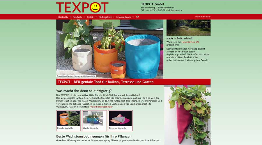 Diese Internetseite von «texpot.ch» zeigt, wie übersichtlich unsere Designs sind.